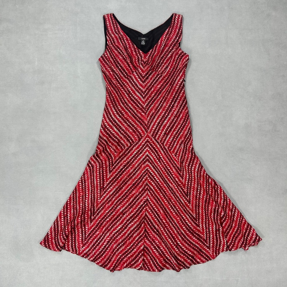 Alfani Silk Midi Dress Women 10 Red Black White Print Bias Cut V Neck Sleeveless